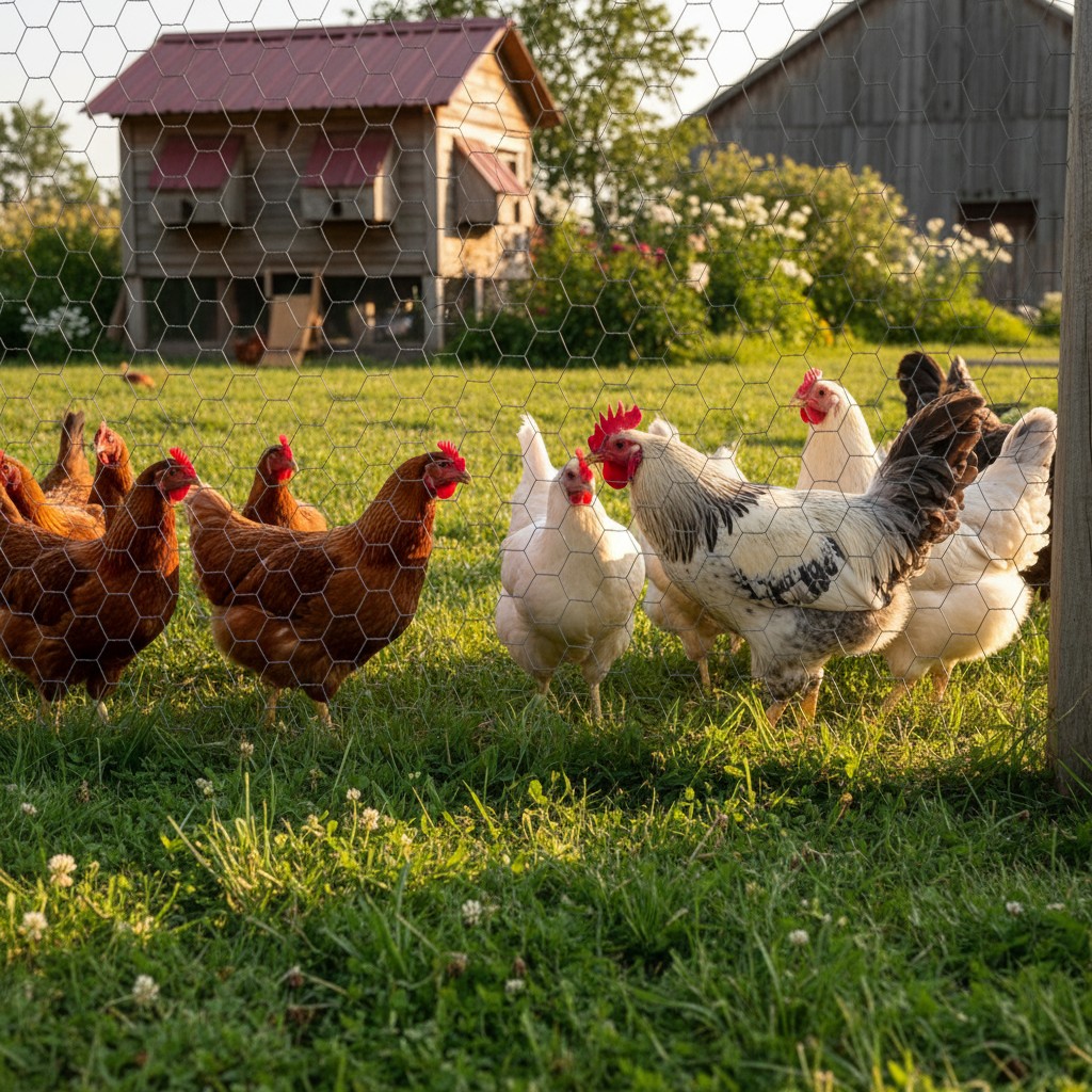 Two groups of chickens separated by wire fence getting to know each other