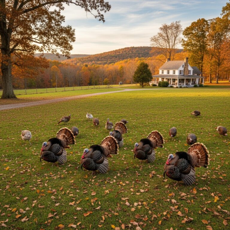 Heritage Bourbon Red turkeys free ranging on green pasture with farmhouse background