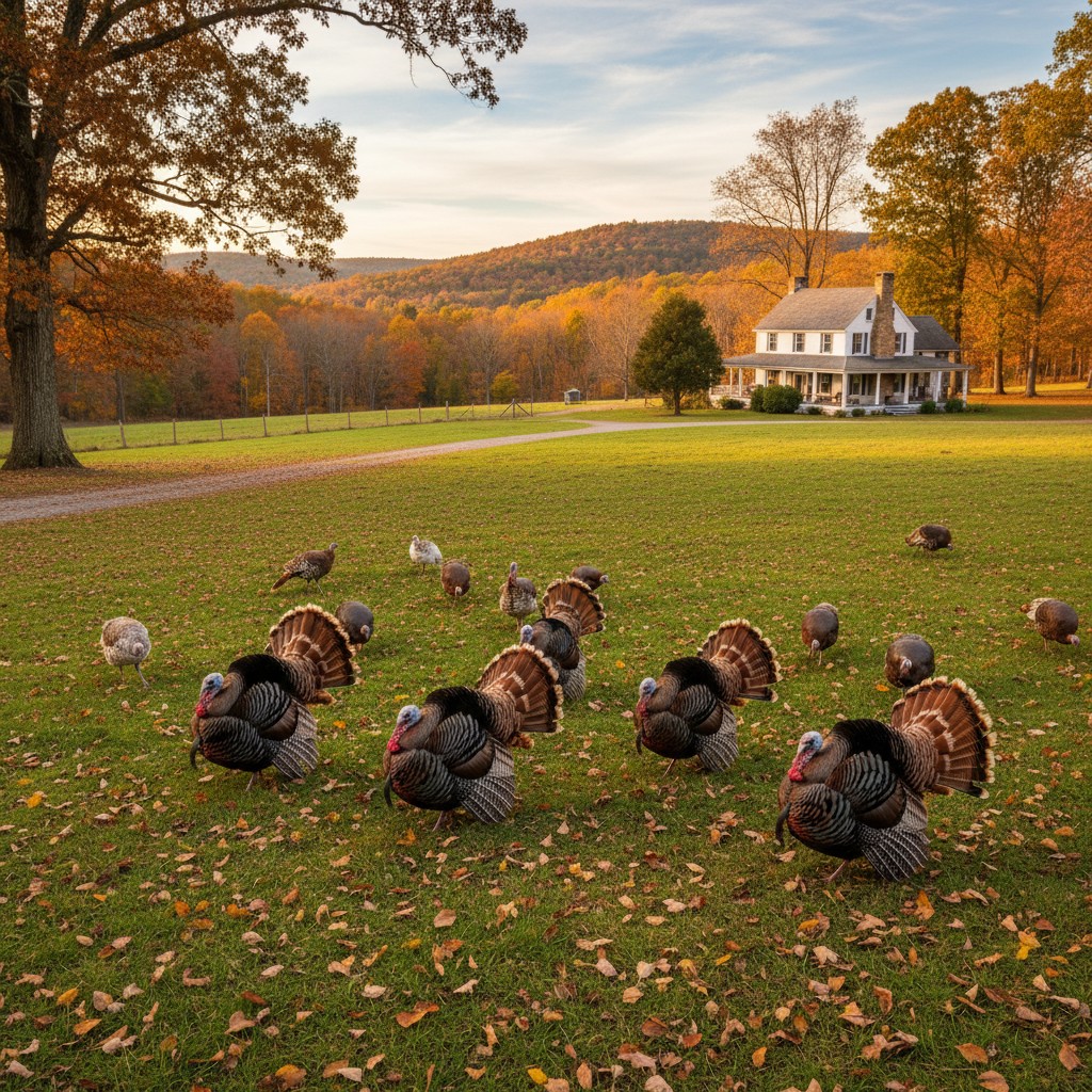 Heritage Bourbon Red turkeys free ranging on green pasture with farmhouse background