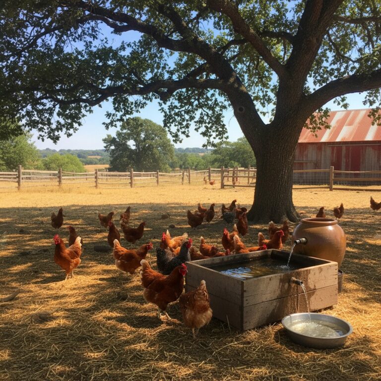 Chickens seeking shade under a large tree on a hot summer day with water station