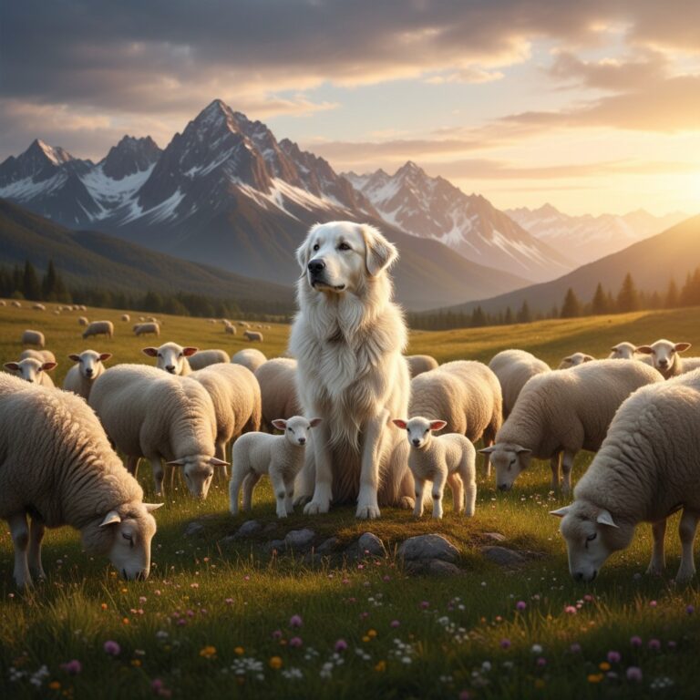 Great Pyrenees livestock guardian dog sitting protectively among sheep in green pasture