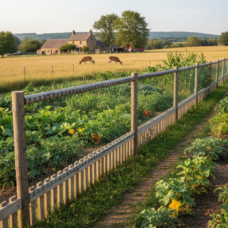 Tall garden fence protecting lush vegetable garden with deer in background field