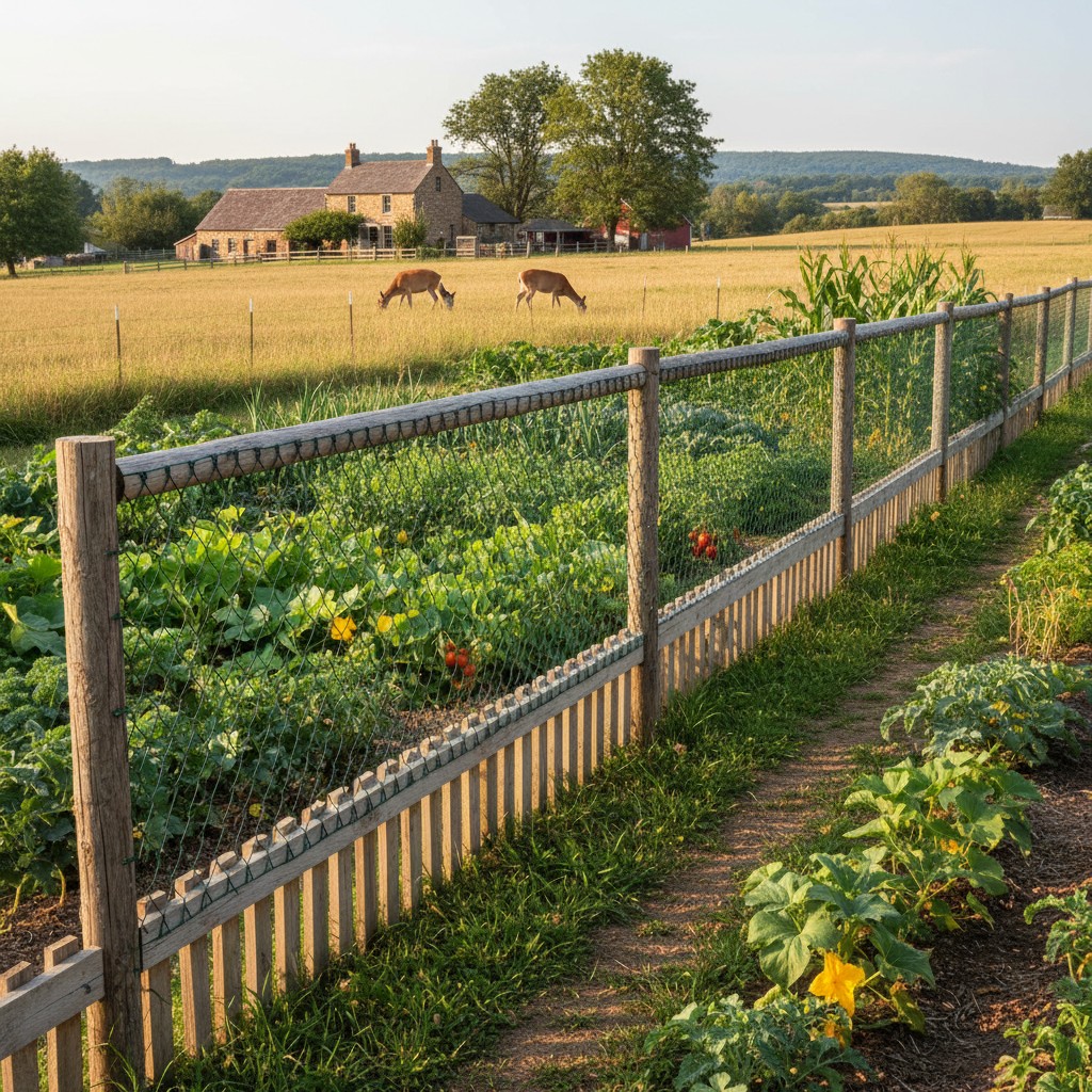 Tall garden fence protecting lush vegetable garden with deer in background field