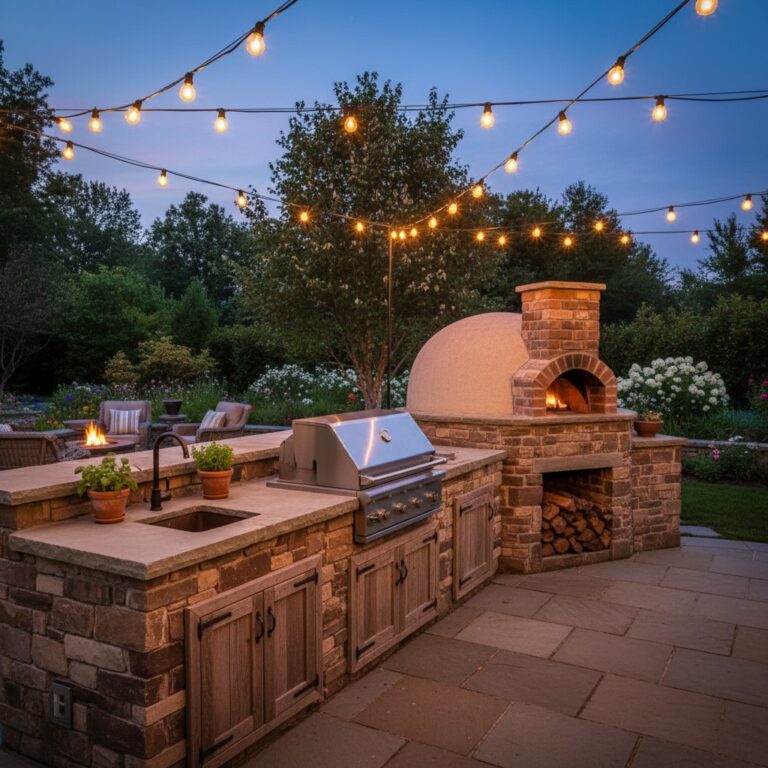Beautiful rustic outdoor kitchen with stone countertops built-in grill and string lights