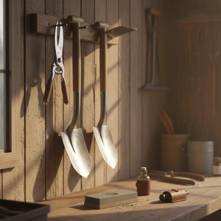 Well-maintained garden tools hanging on wooden workshop wall with sharpening stone