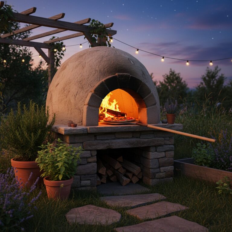 Rustic cob pizza oven in backyard with fire glowing inside and pizza on wooden peel
