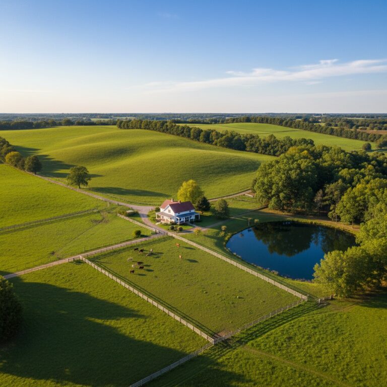 Beautiful rural property with rolling green hills farmhouse fenced pasture and pond