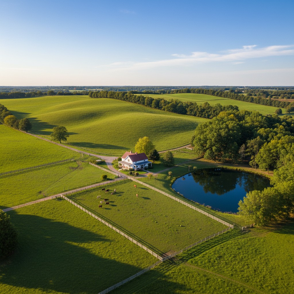 Beautiful rural property with rolling green hills farmhouse fenced pasture and pond