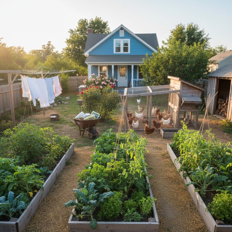 Small productive backyard homestead with raised beds chicken coop and clothesline