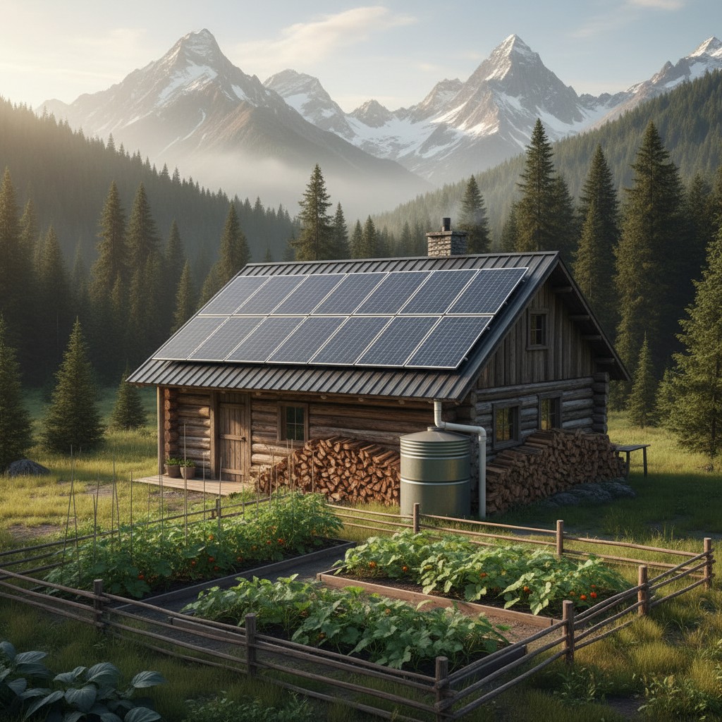 Off-grid cabin with solar panels wood pile water tank and vegetable garden in forest