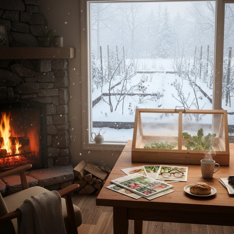 Cozy winter homestead with seed catalogs and cold frame