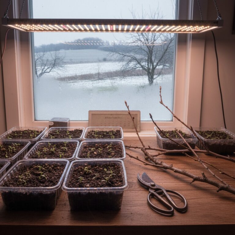 Late winter seed starting trays under grow lights