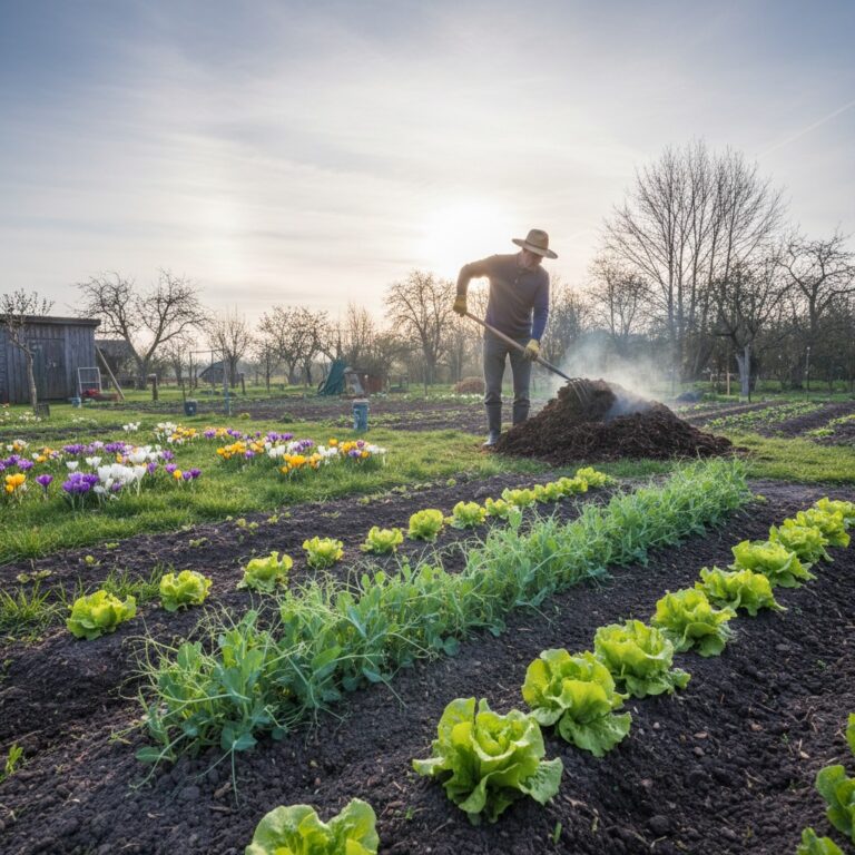 Early spring garden with pea seedlings and crocus blooming
