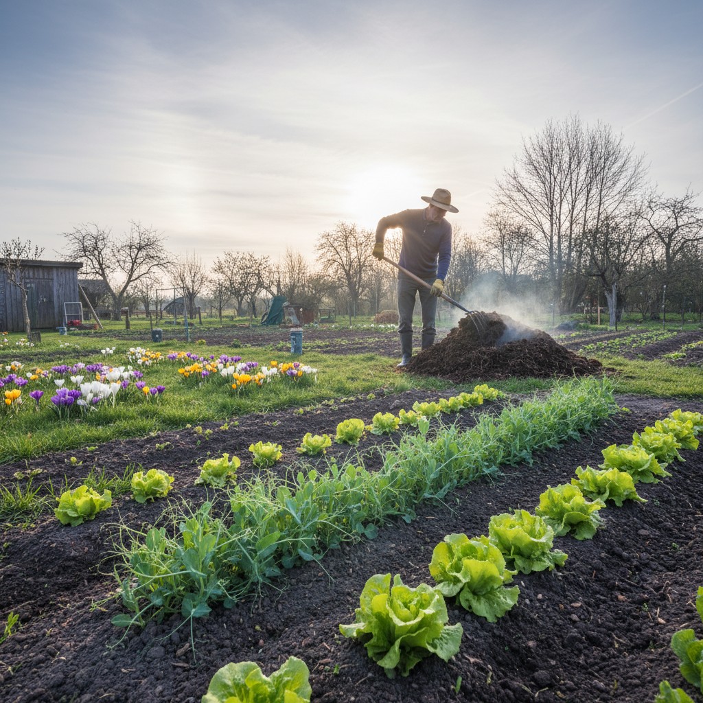 Early spring garden with pea seedlings and crocus blooming