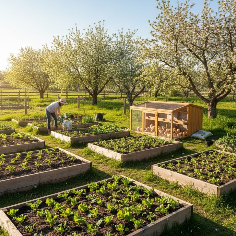 Spring garden with transplanted seedlings and apple blossoms