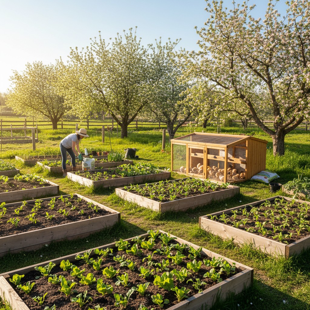 Spring garden with transplanted seedlings and apple blossoms