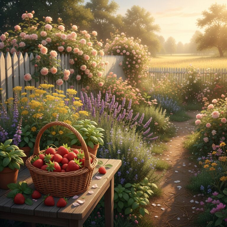 June garden with strawberry harvest basket and herbs in bloom