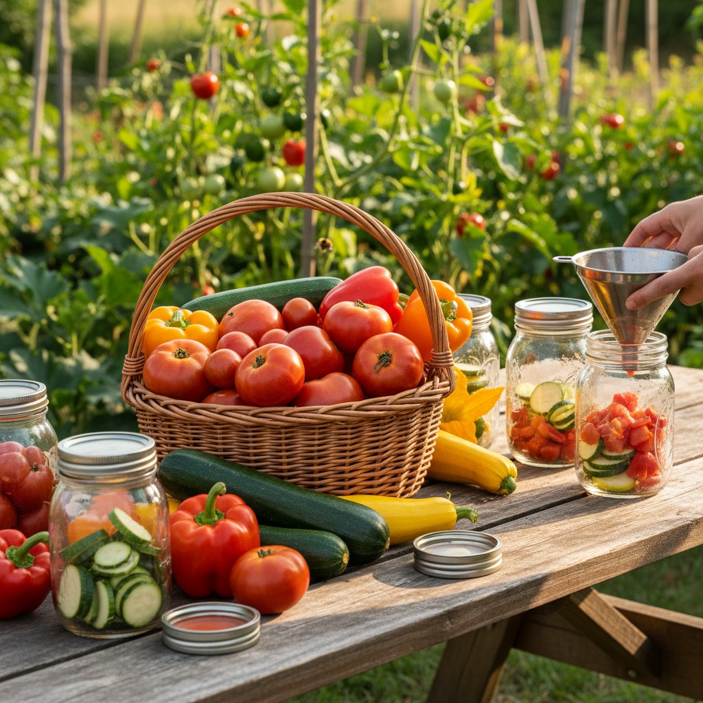 July harvest abundance with tomatoes zucchini and canning jars