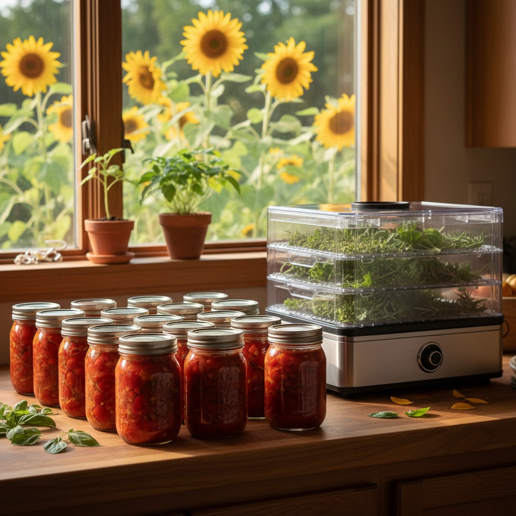 August preserving scene with canning jars and dehydrator herbs