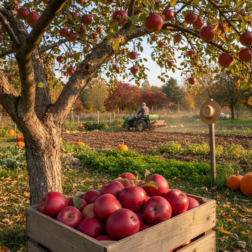 September apple harvest with crate of red apples under tree