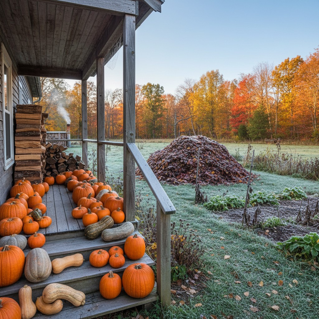 October homestead with pumpkins squash and fall foliage