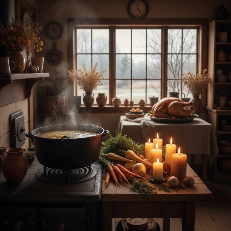 November homestead kitchen with bone broth and root vegetables