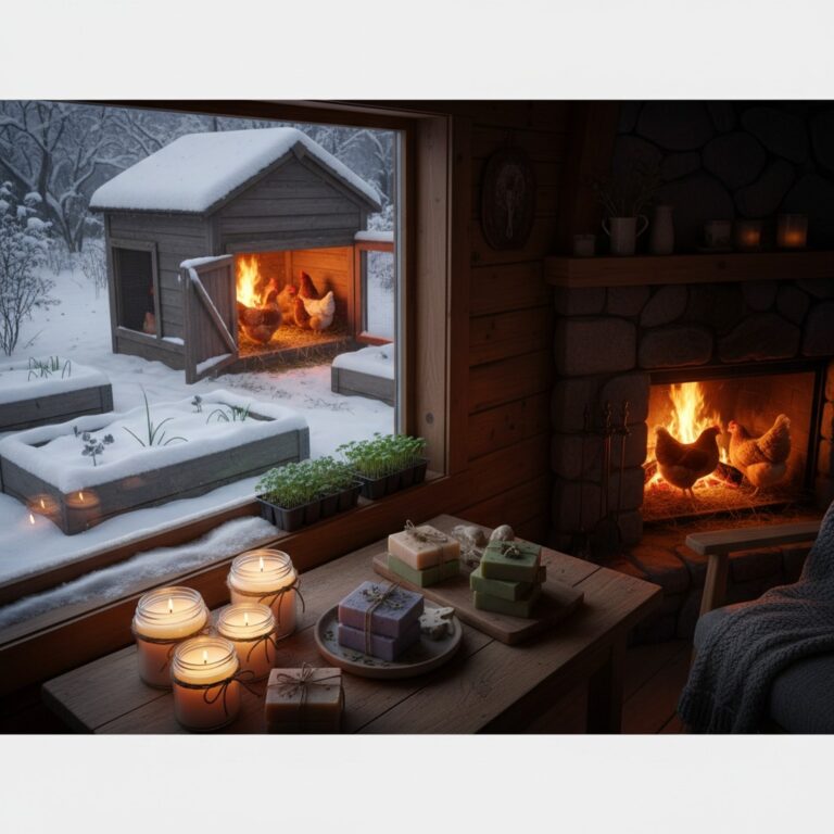 December winter homestead with snow chickens and microgreens