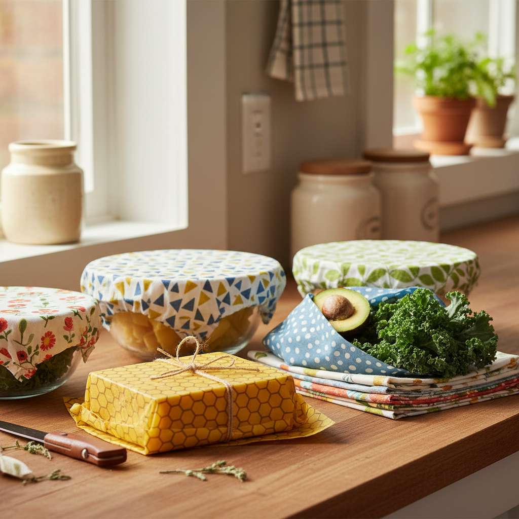 Colorful homemade beeswax food wraps covering bowls as plastic wrap alternative