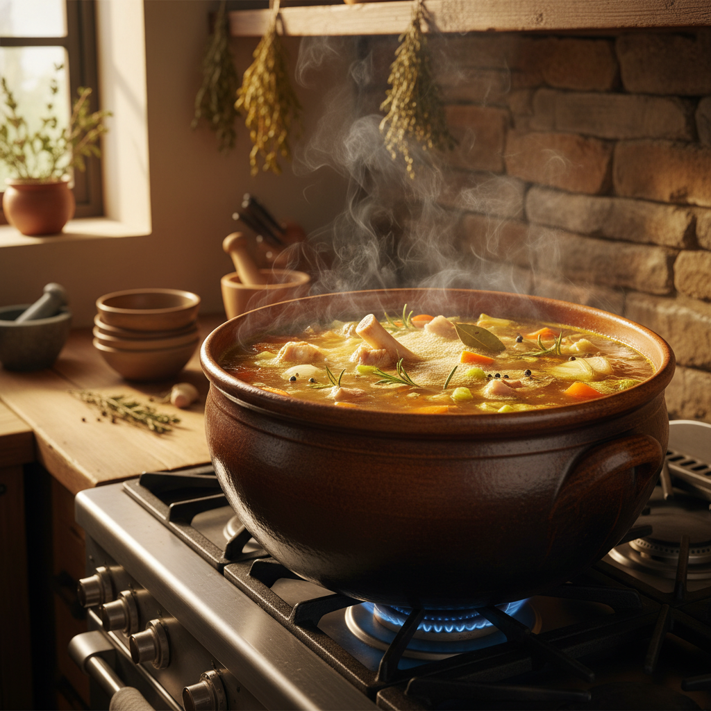 Rich golden bone broth simmering in a pot on the stove