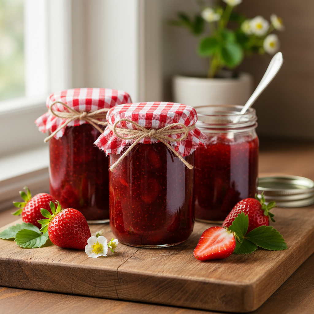 Mason jars filled with homemade strawberry jam ready for water bath canning