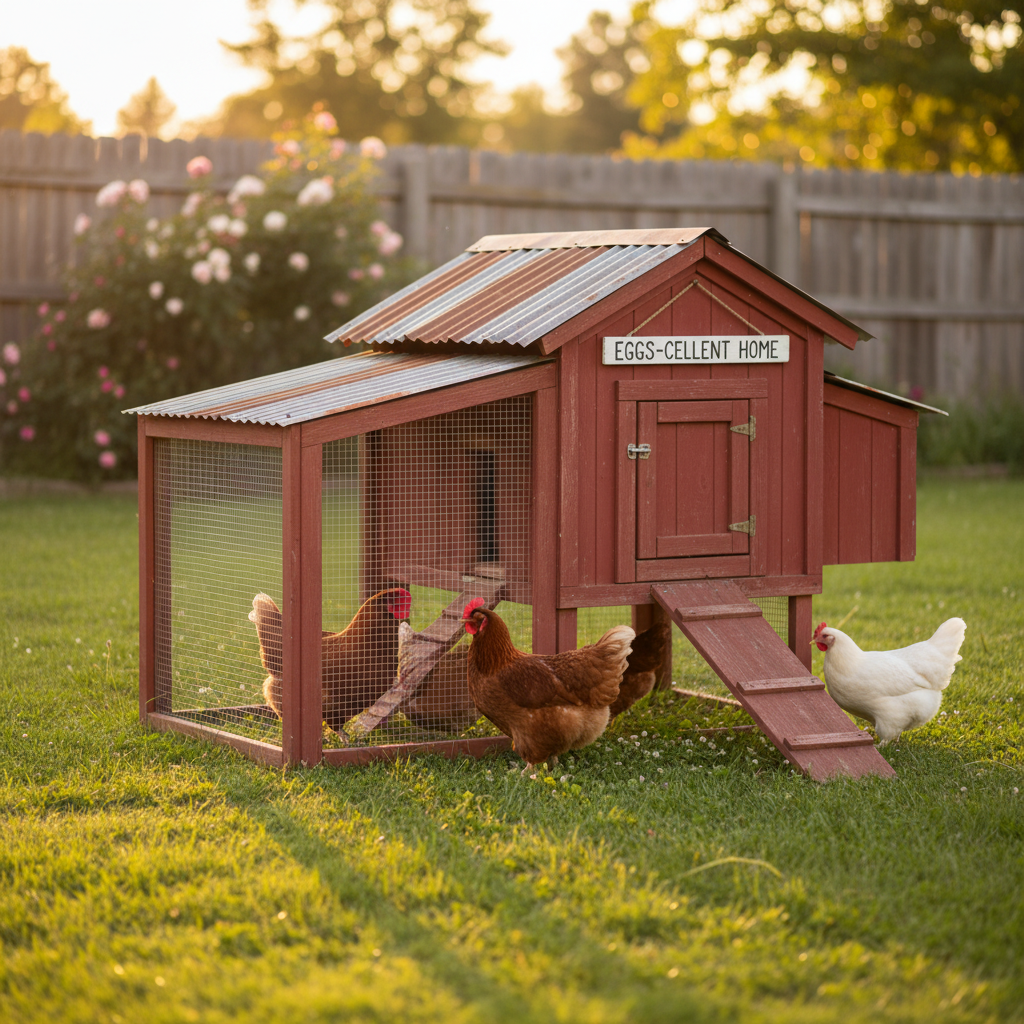 Charming wooden chicken coop in a backyard with chickens nearby