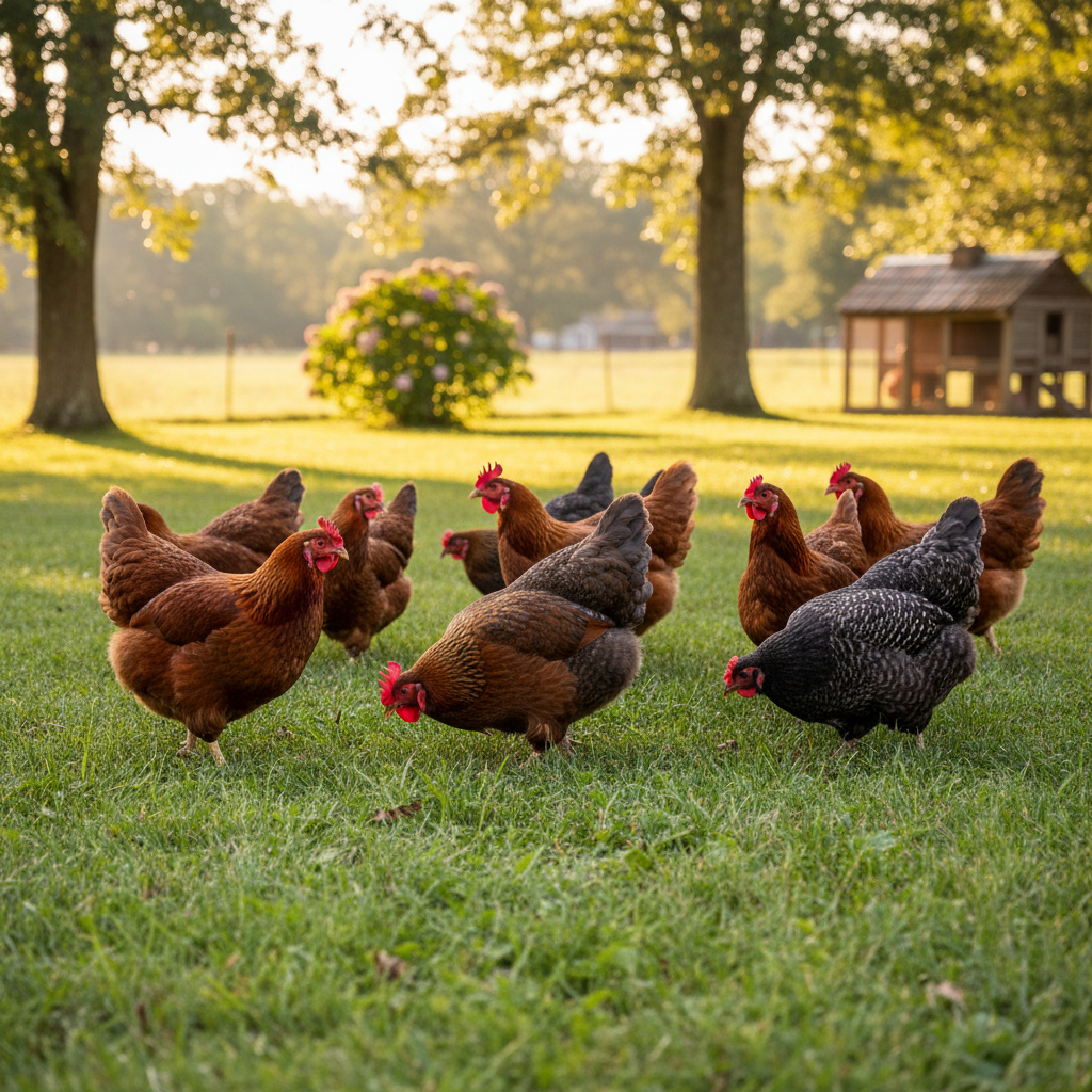 Healthy vibrant chickens free ranging on lush green grass