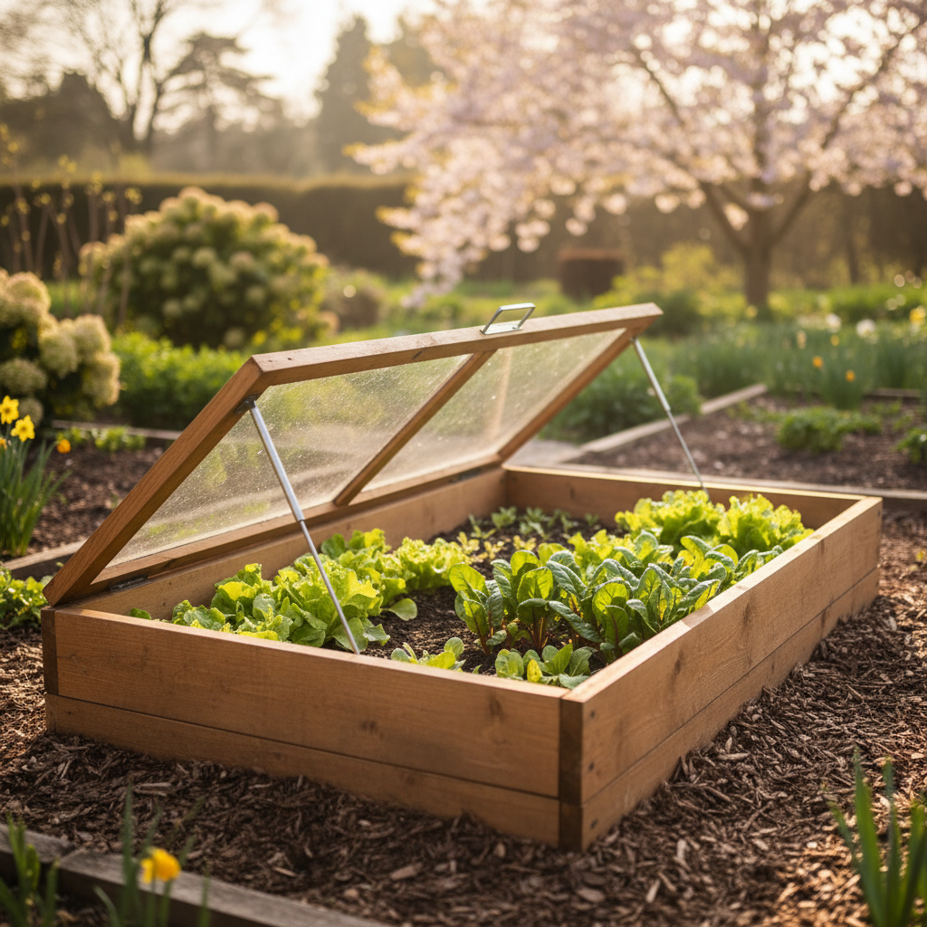 Wooden cold frame with glass lid protecting young plants in a garden