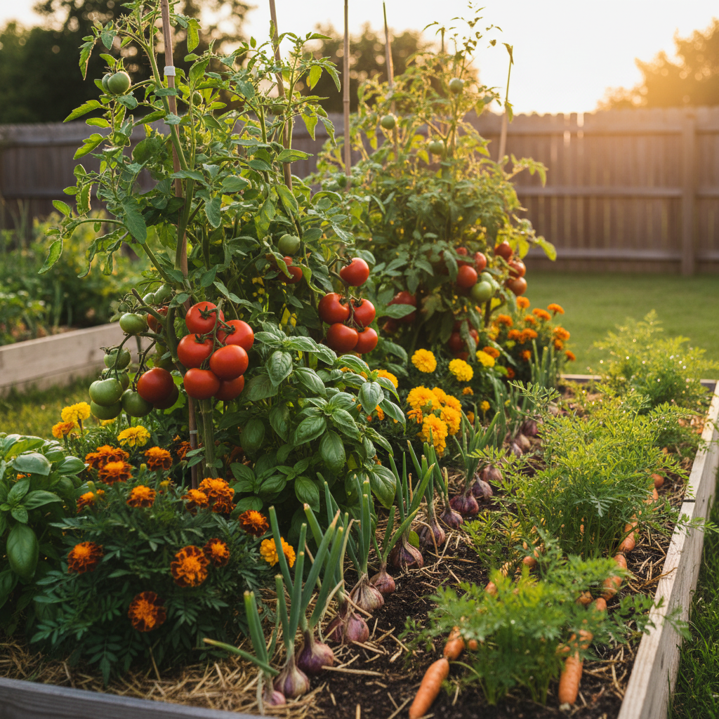 Mixed vegetables and herbs growing together in a companion planting arrangement
