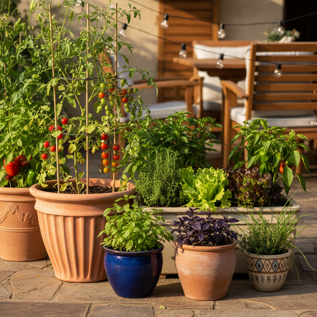 Vegetable plants growing in pots and containers on a sunny patio