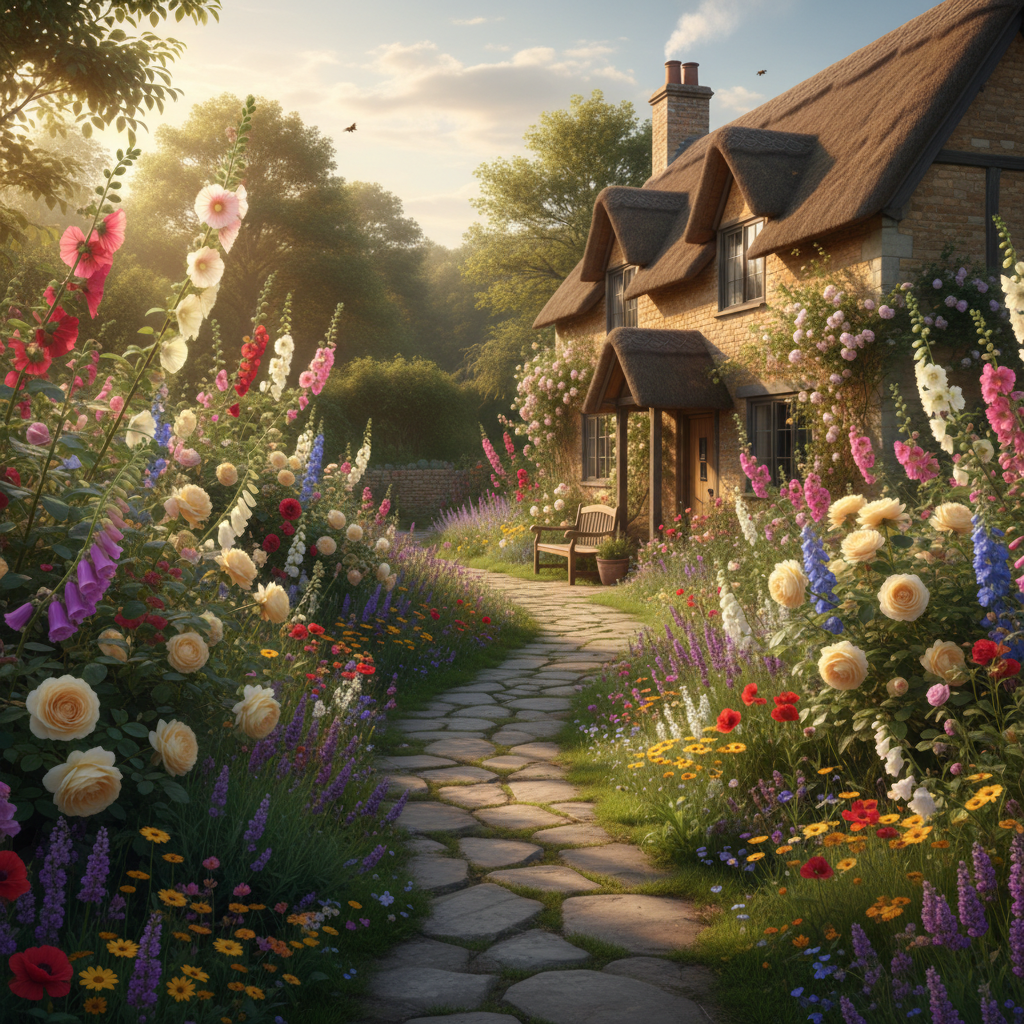 Lush cottage garden overflowing with colorful wildflowers along a stone path