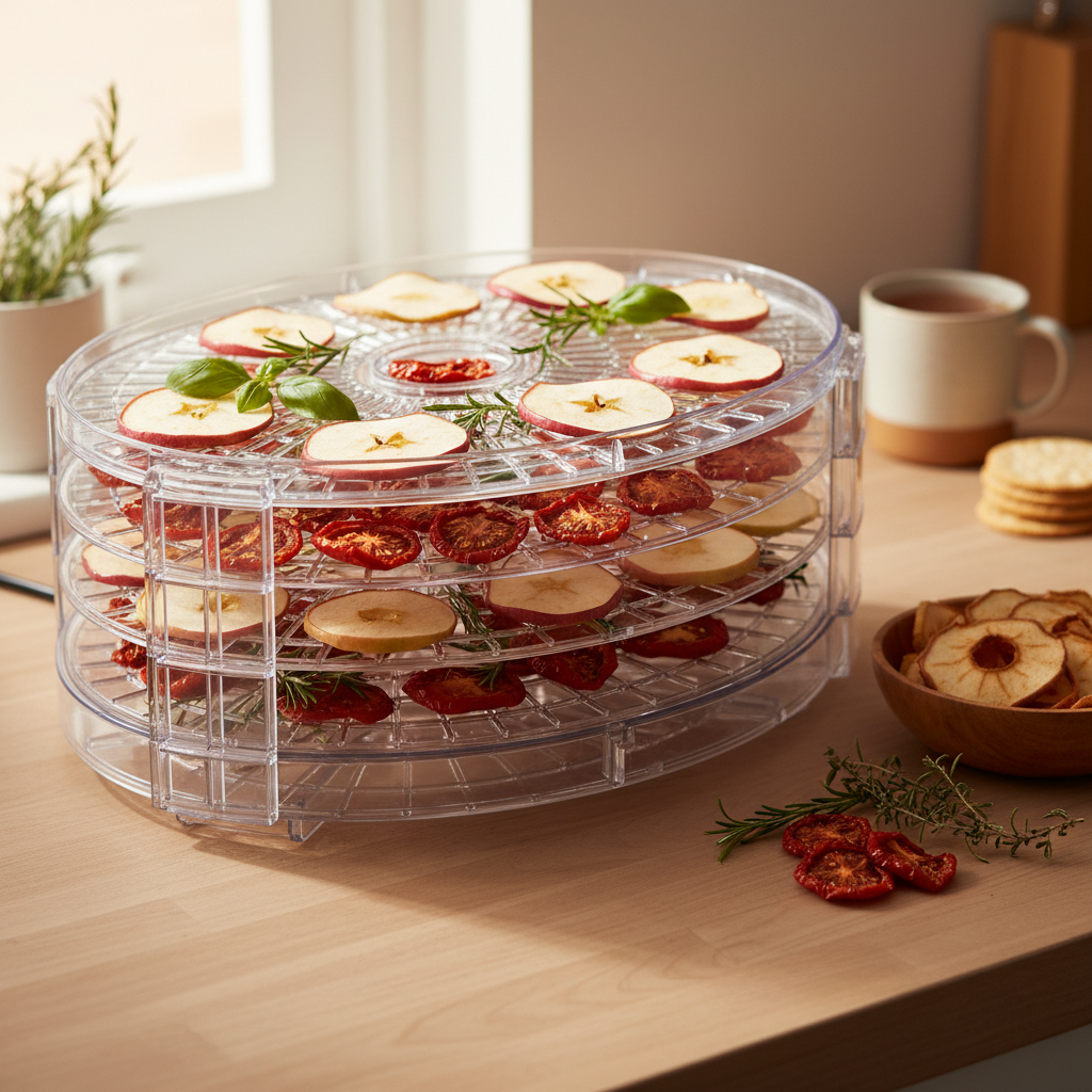 Sliced fruits and vegetables being dried on dehydrator trays