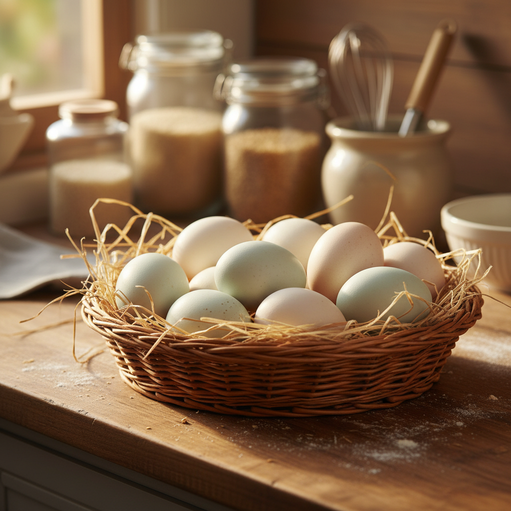 Fresh duck eggs in pale blue and cream colors in a rustic basket