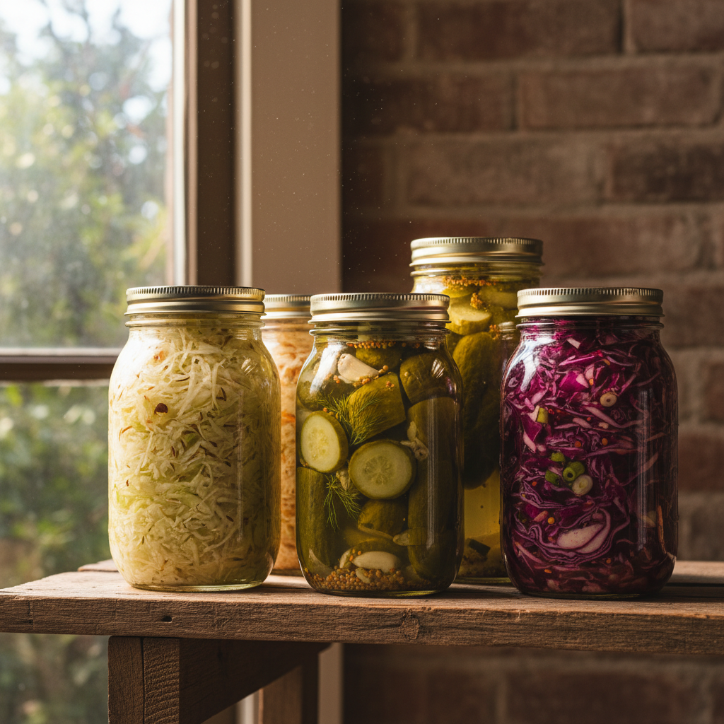 Glass jars of fermented vegetables including sauerkraut and pickles on a rustic kitchen shelf