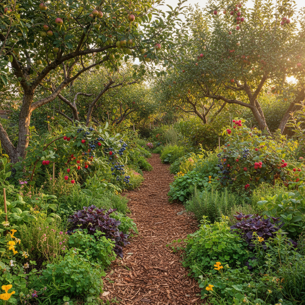 Lush backyard food forest with fruit trees, berry bushes, herbs, and a winding mulch path