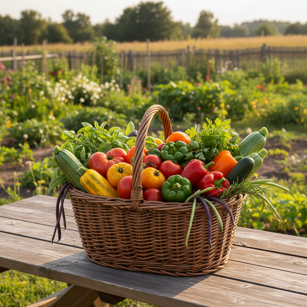 Wicker basket overflowing with freshly harvested garden vegetables