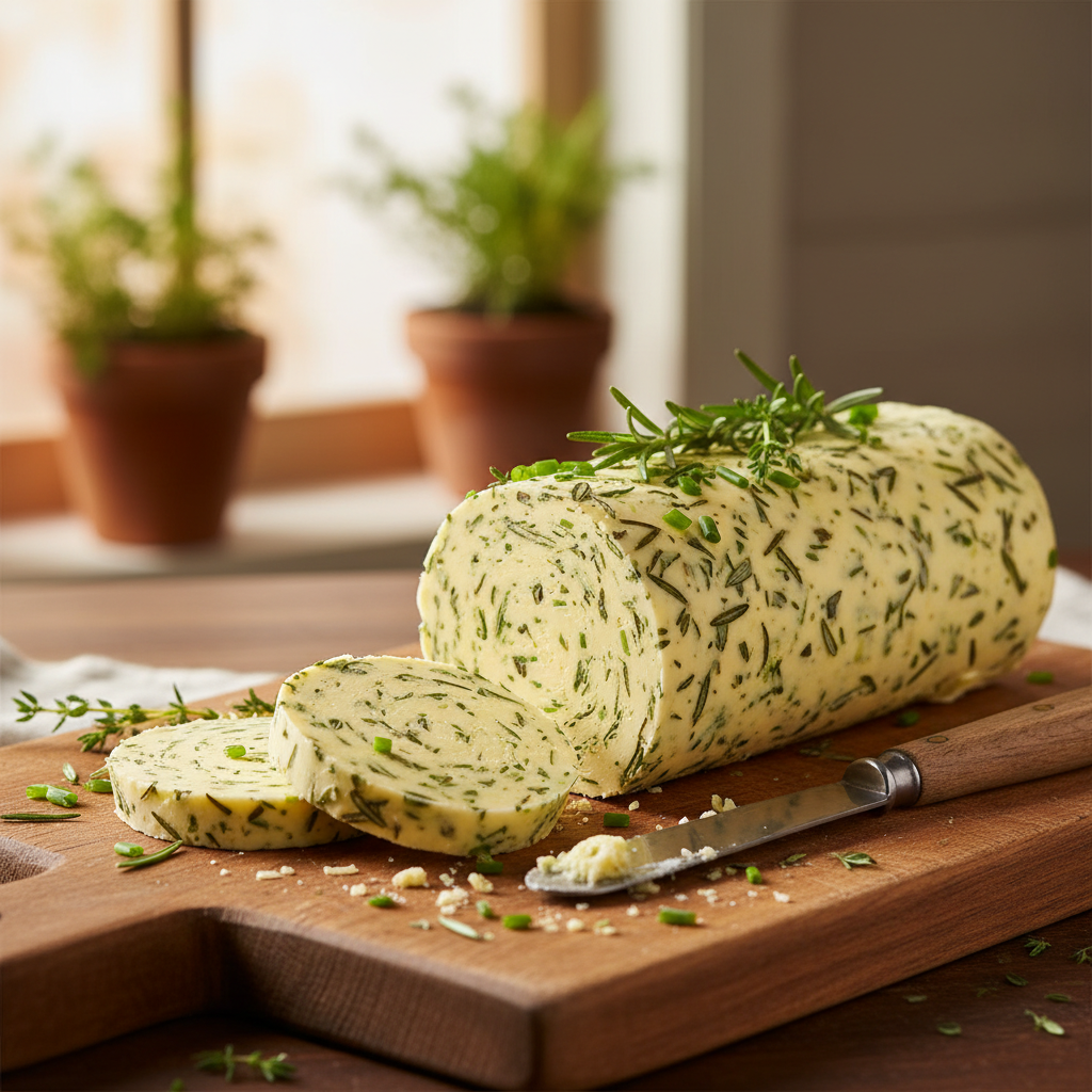 Homemade herb compound butter with rosemary and thyme on a cutting board