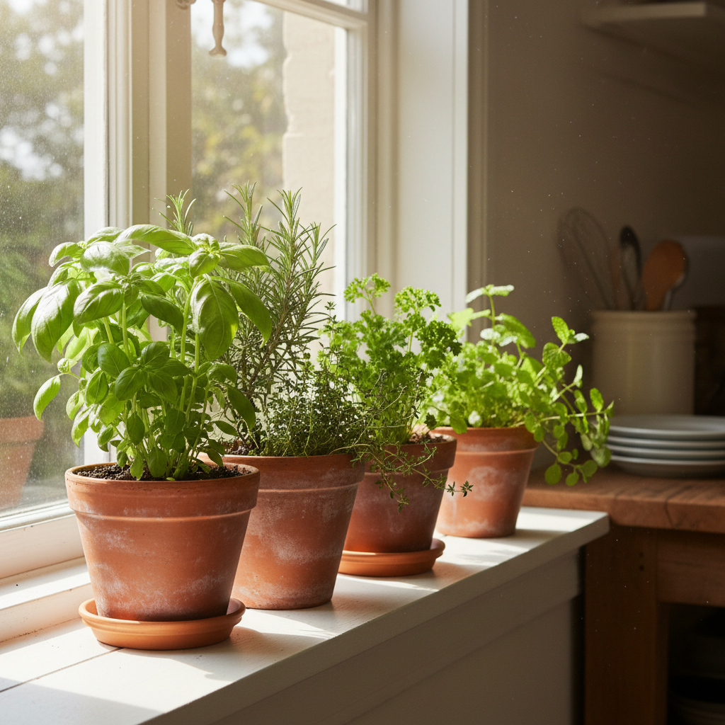 Fresh culinary herbs growing in terra cotta pots on a sunny windowsill