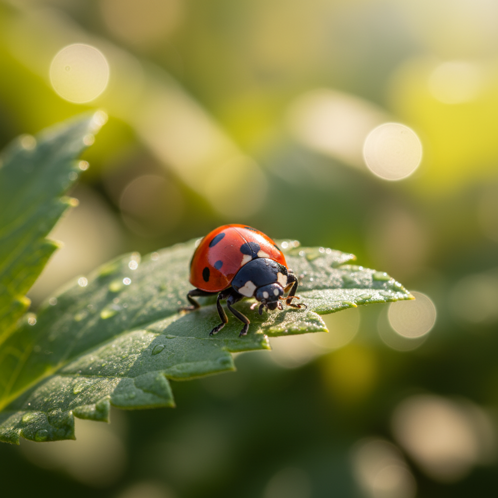 Bright red ladybug on a green leaf providing natural garden pest control