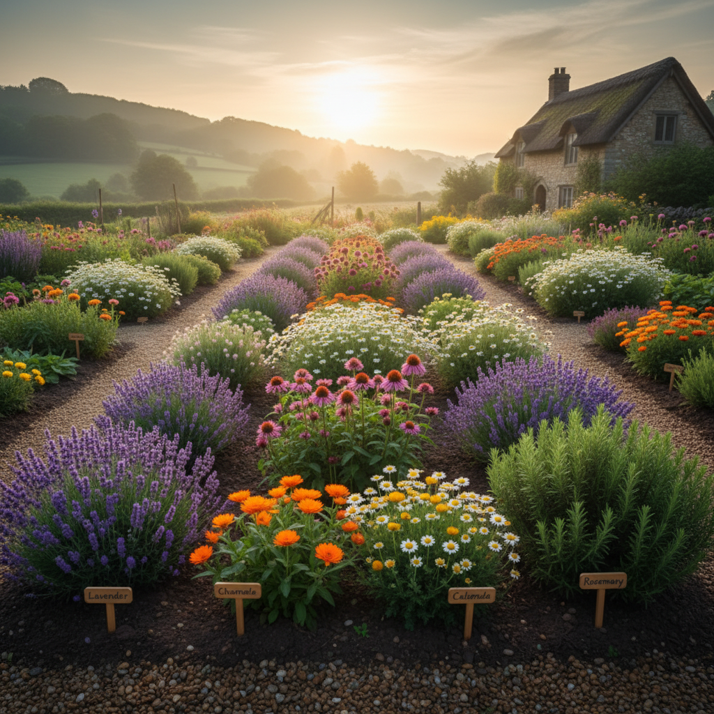Beautiful medicinal herb garden with lavender, chamomile, echinacea, and calendula