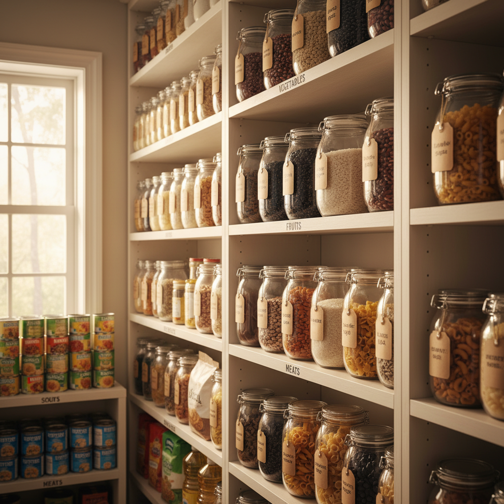 Well-organized pantry shelves stocked with canned goods and dry staples