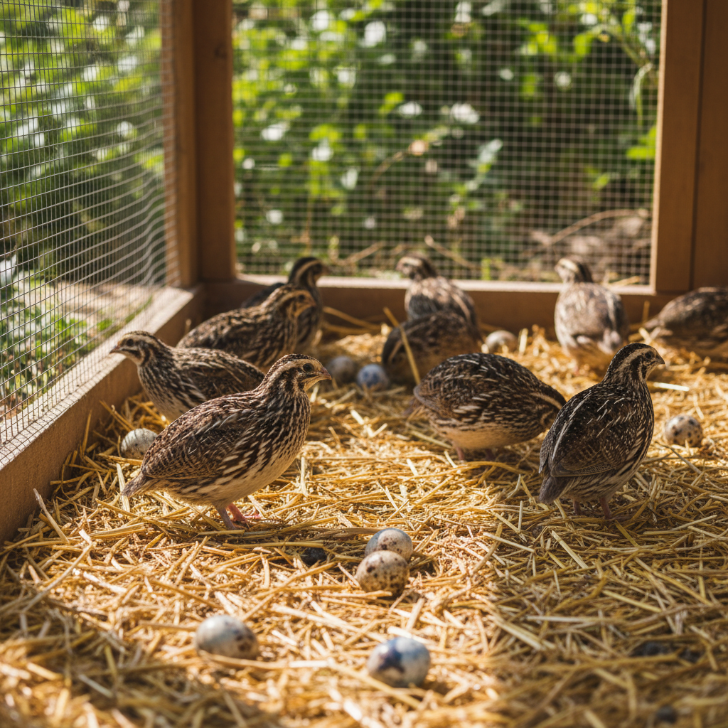 Coturnix quail birds with speckled feathers in an outdoor pen
