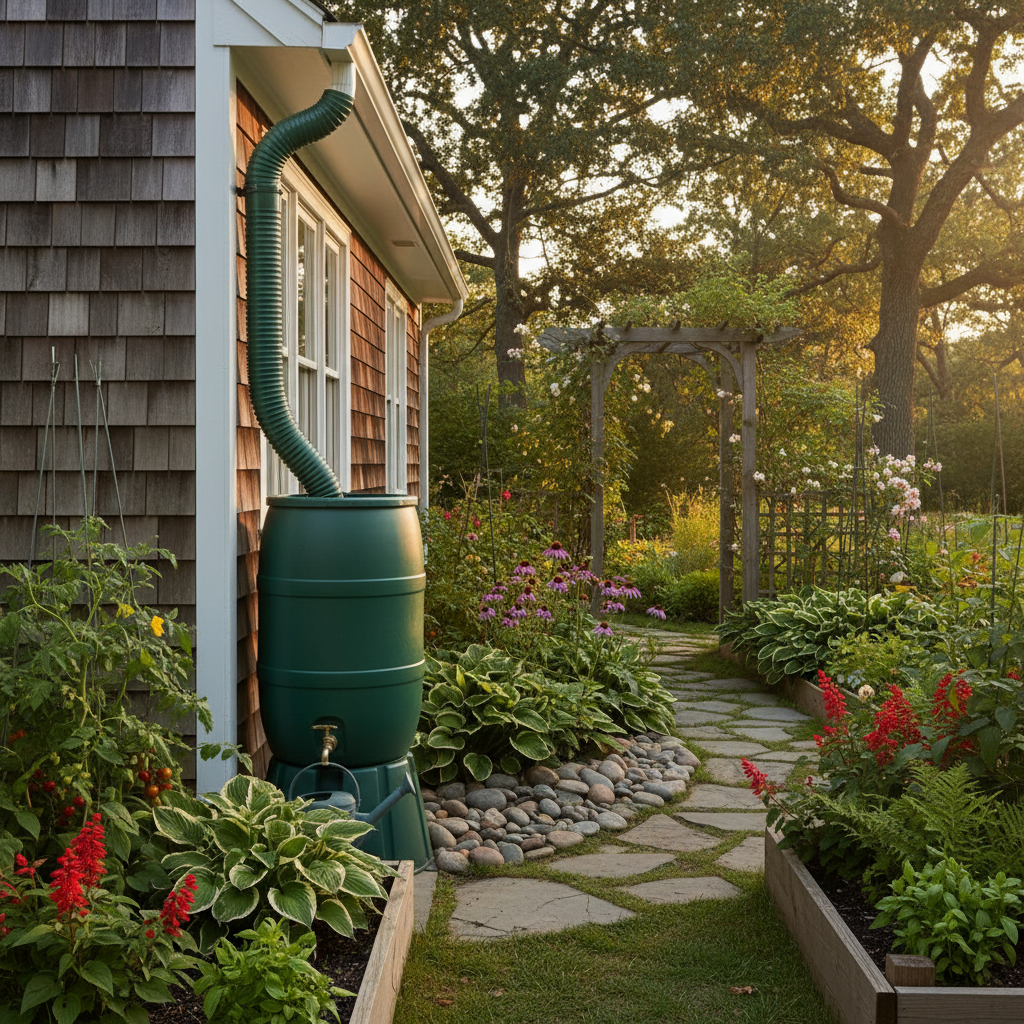 Rain barrel collecting water from gutter downspout in a backyard garden