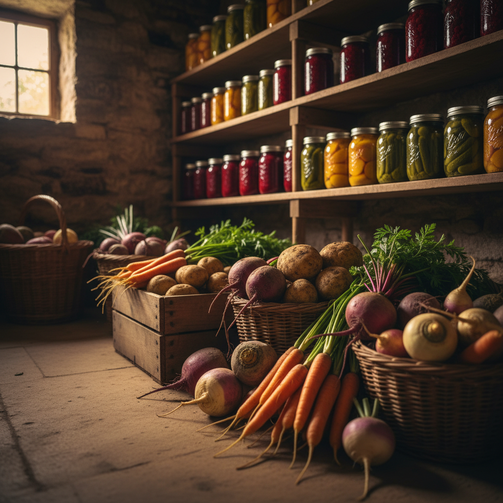 Root vegetables stored in wooden crates in a cool dark root cellar