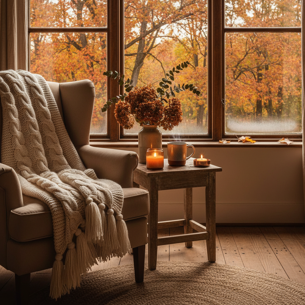 Cozy autumn home scene with candles warm blankets and tea